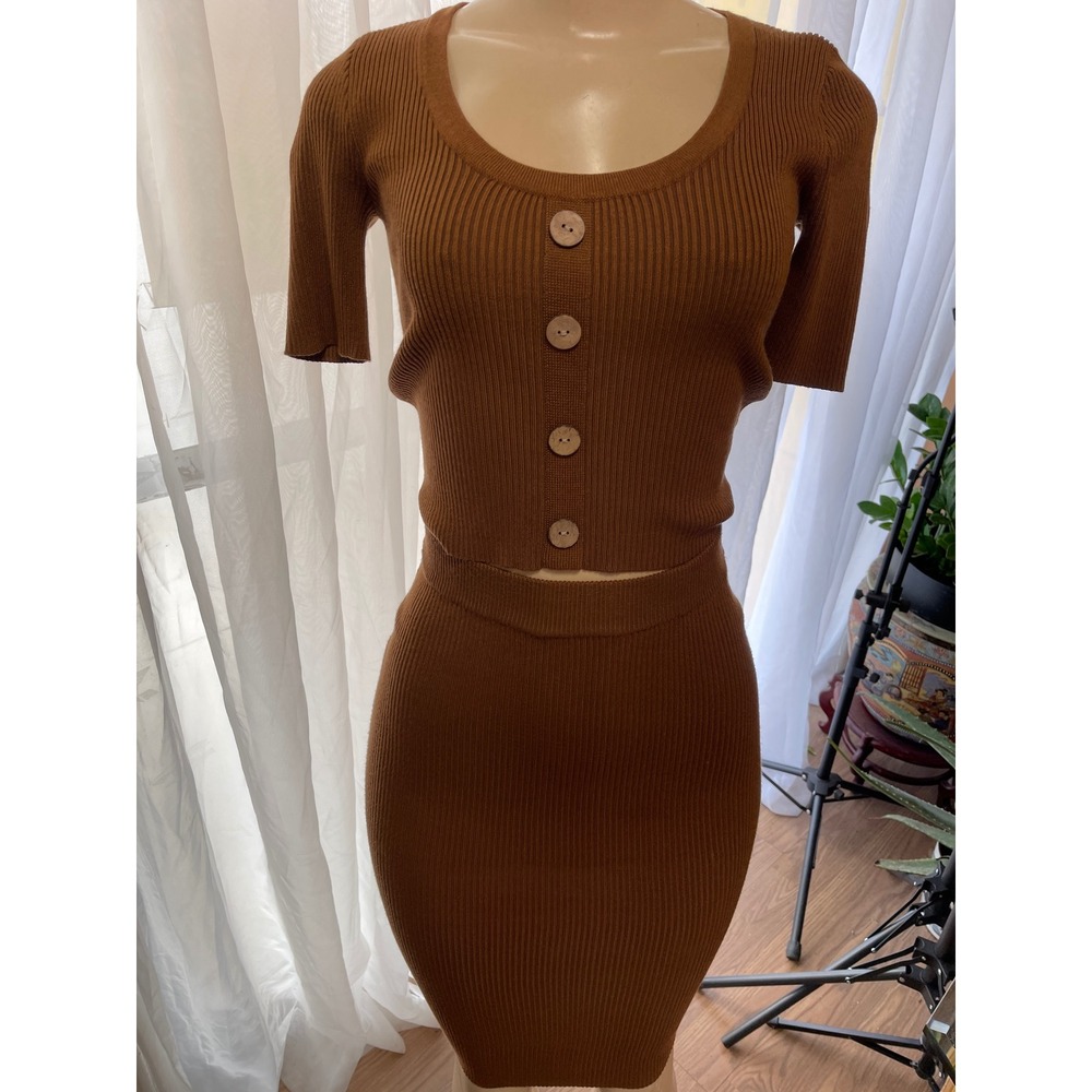 Fashion Nova Brown Ribbed Knit 2 Piece Set Short Sleeve Top Midi Skirt Small